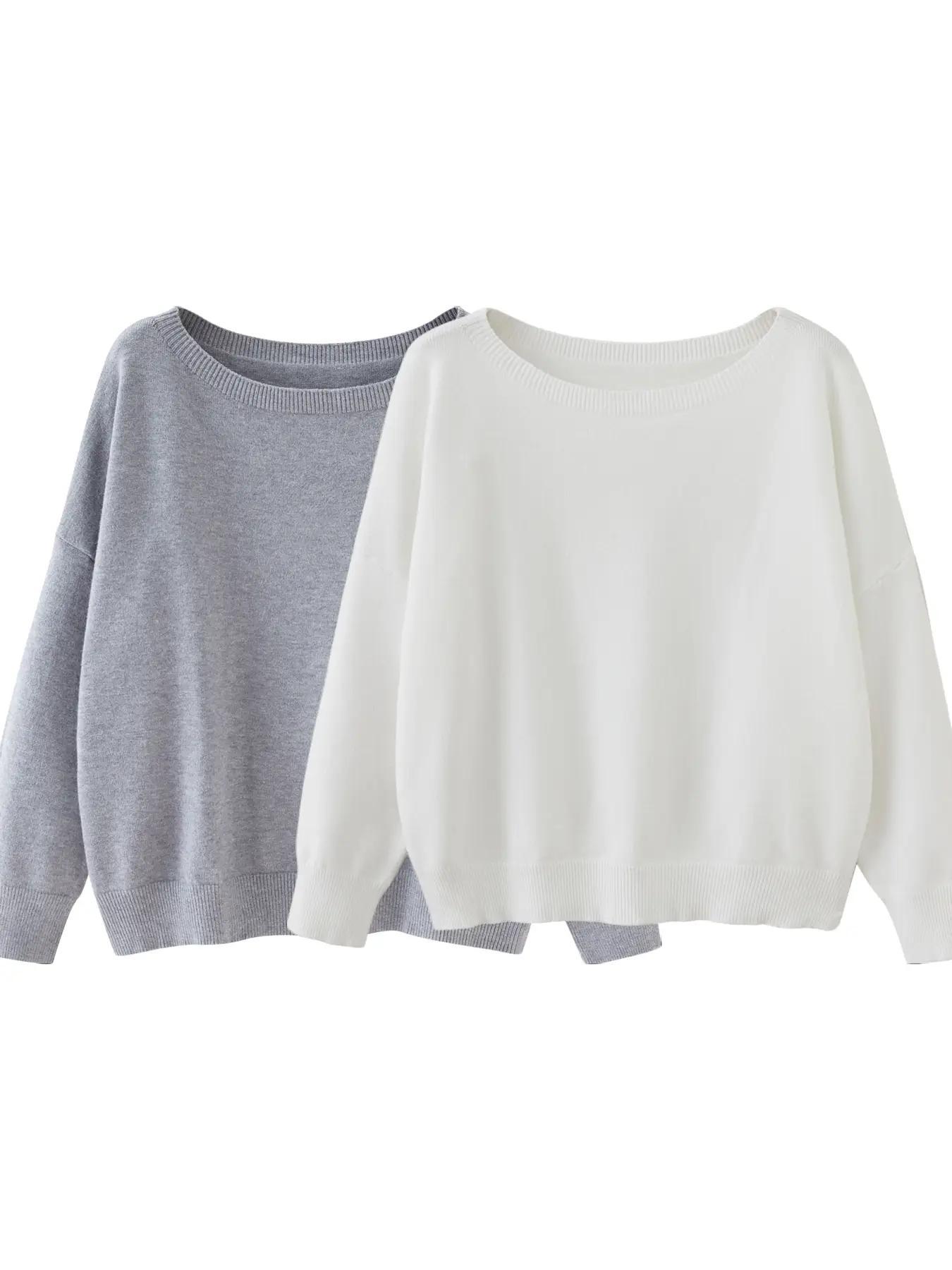Women's Plain Scoop Neck Sweater Casual Long Sleeve Knit Top for Fall & Winter