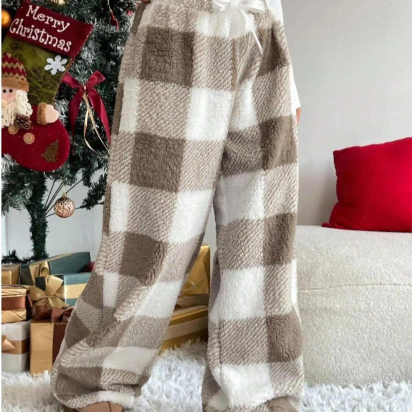 Women’s Autumn Winter Plaid Fleece Loose Top - Casual Warm Long Sleeve Sweatshirt