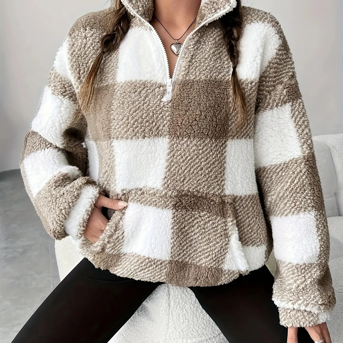 Women’s Autumn Winter Plaid Fleece Loose Top - Casual Warm Long Sleeve Sweatshirt