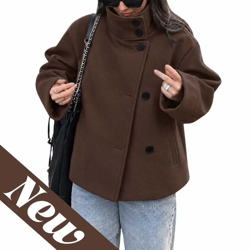Women Wool Blend Oversized Stand Collar Pea Coat Cropped