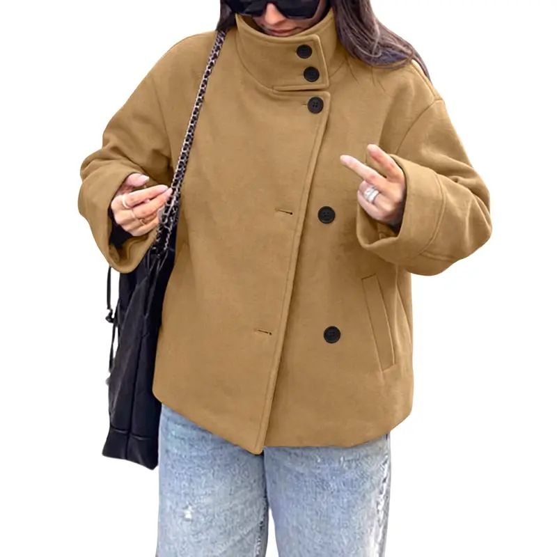 Women Wool Blend Oversized Stand Collar Pea Coat Cropped