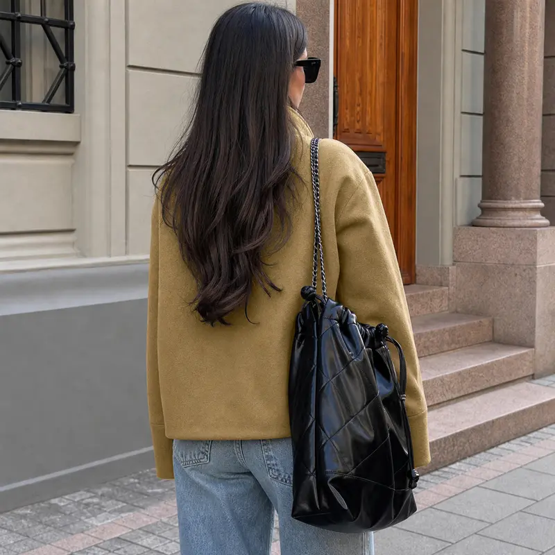 Women Wool Blend Oversized Stand Collar Pea Coat Cropped