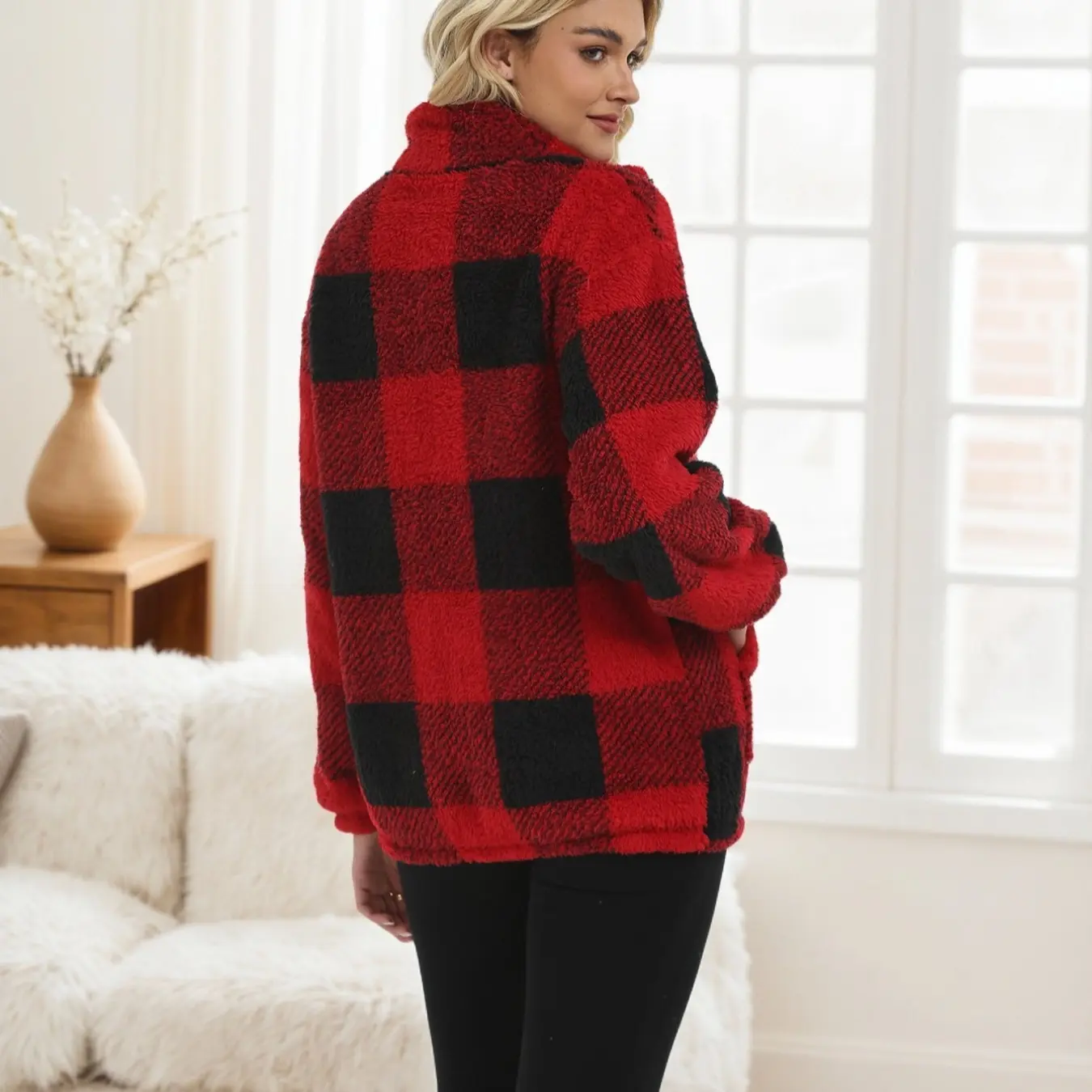 Women’s Autumn Winter Plaid Fleece Loose Top - Casual Warm Long Sleeve Sweatshirt