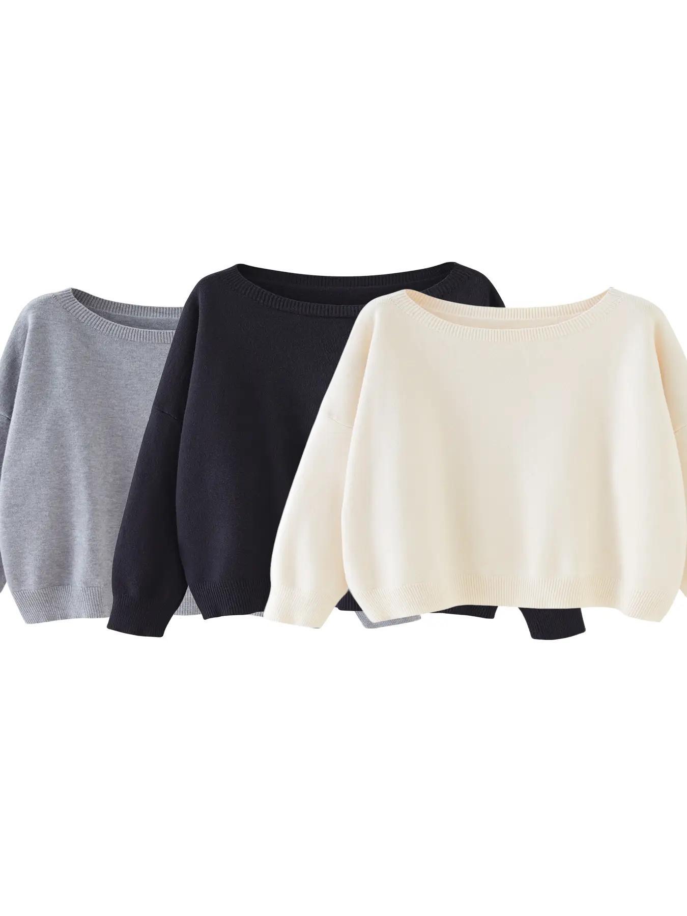 Women's Plain Scoop Neck Sweater Casual Long Sleeve Knit Top for Fall & Winter