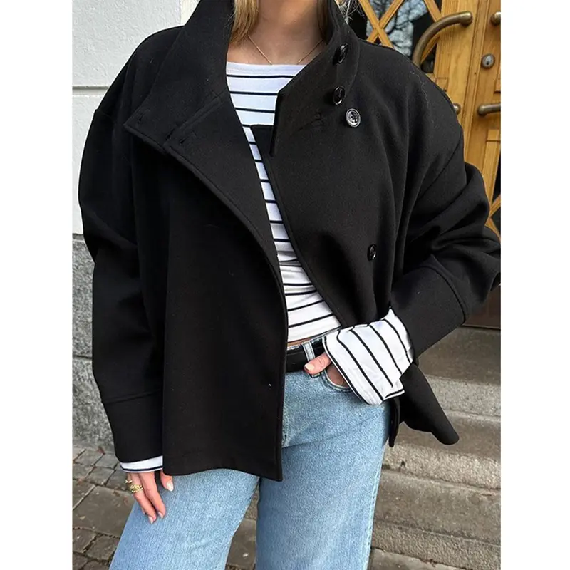 Women Wool Blend Oversized Stand Collar Pea Coat Cropped
