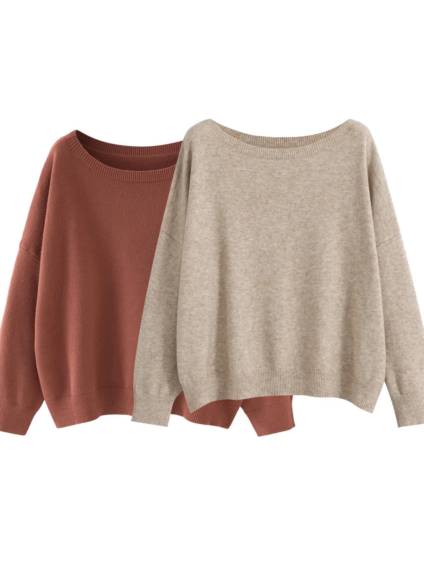 Women's Plain Scoop Neck Sweater Casual Long Sleeve Knit Top for Fall & Winter
