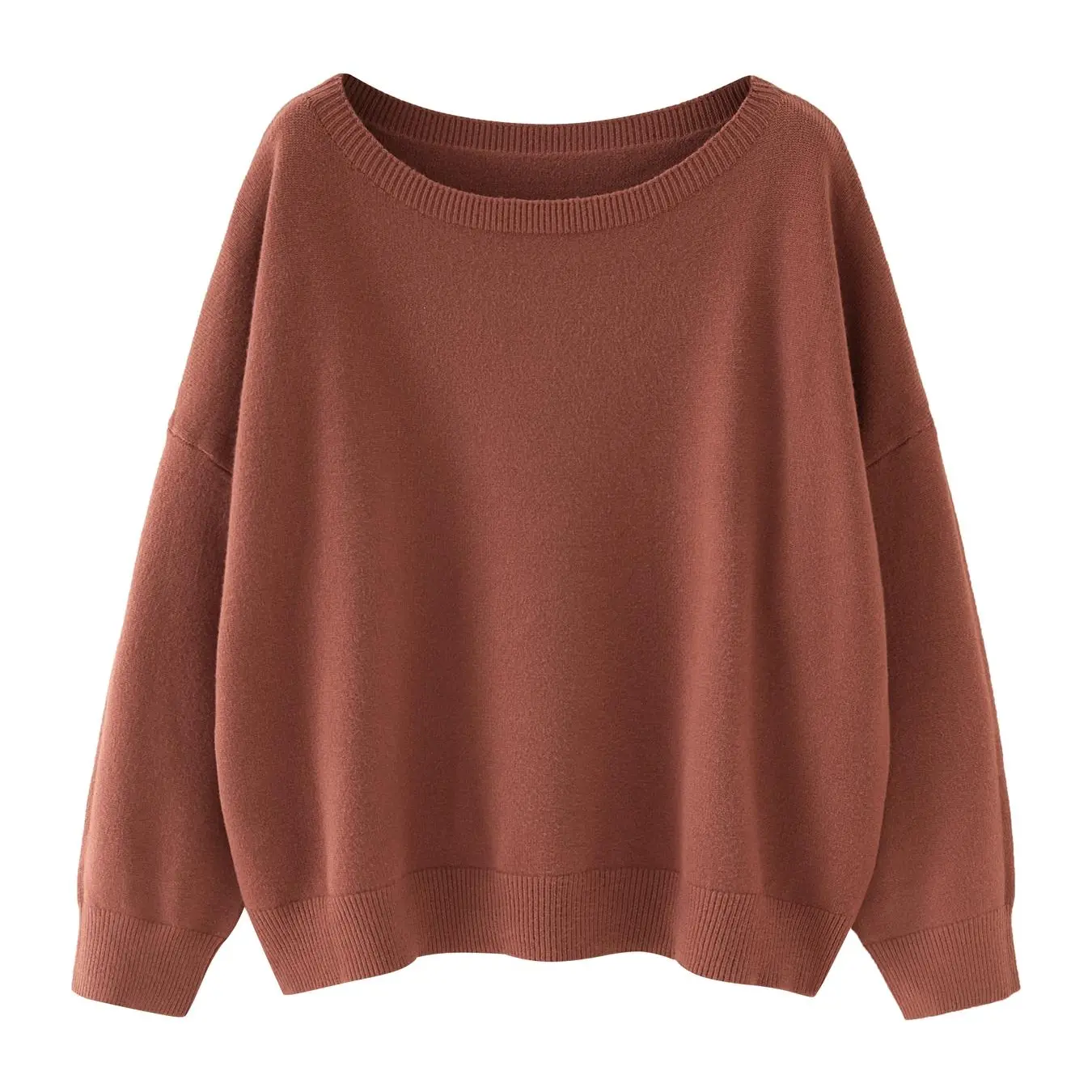 Women's Plain Scoop Neck Sweater Casual Long Sleeve Knit Top for Fall & Winter
