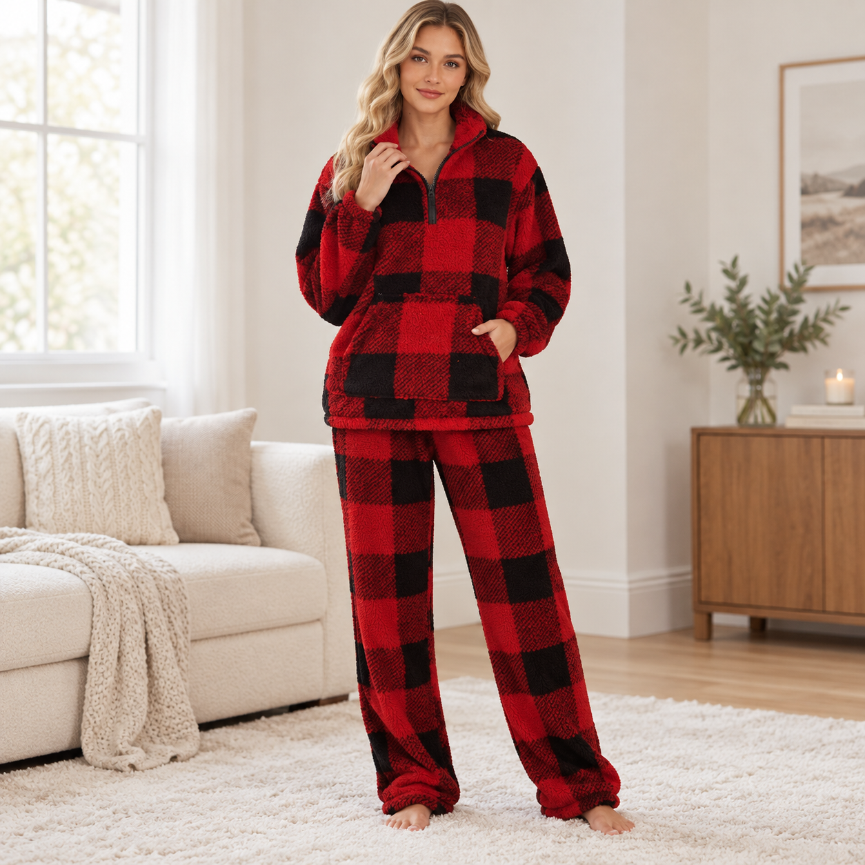 Women’s Autumn Winter Plaid Fleece Loose Top - Casual Warm Long Sleeve Sweatshirt
