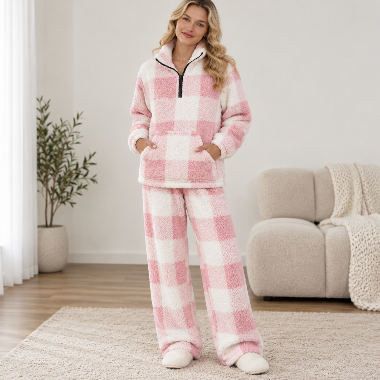 Women’s Autumn Winter Plaid Fleece Loose Top - Casual Warm Long Sleeve Sweatshirt