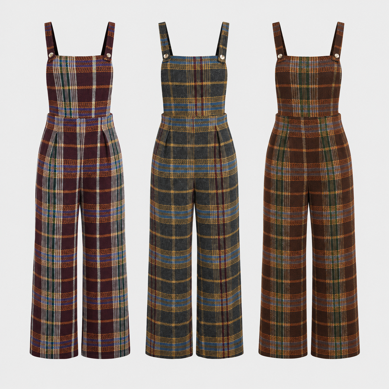 Women's Tweed Plaid Wide Leg Jumpsuit in 3 Colors