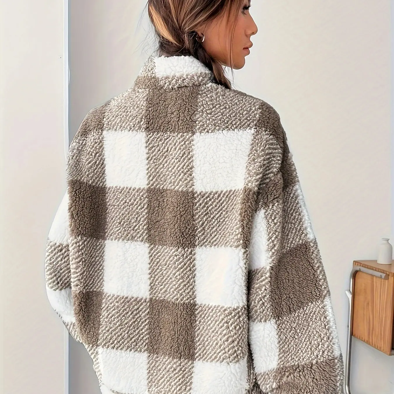 Women’s Autumn Winter Plaid Fleece Loose Top - Casual Warm Long Sleeve Sweatshirt