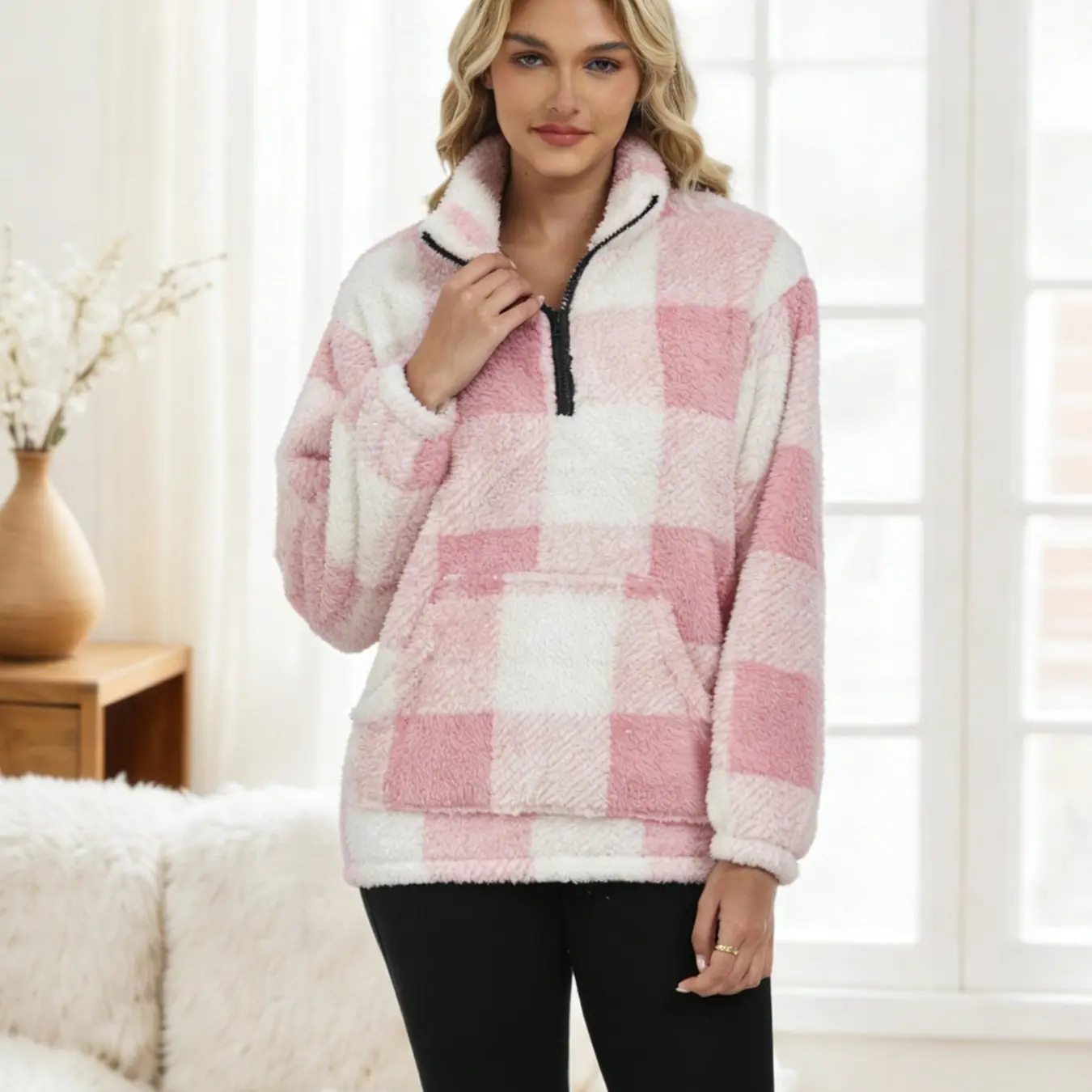 Women’s Autumn Winter Plaid Fleece Loose Top - Casual Warm Long Sleeve Sweatshirt