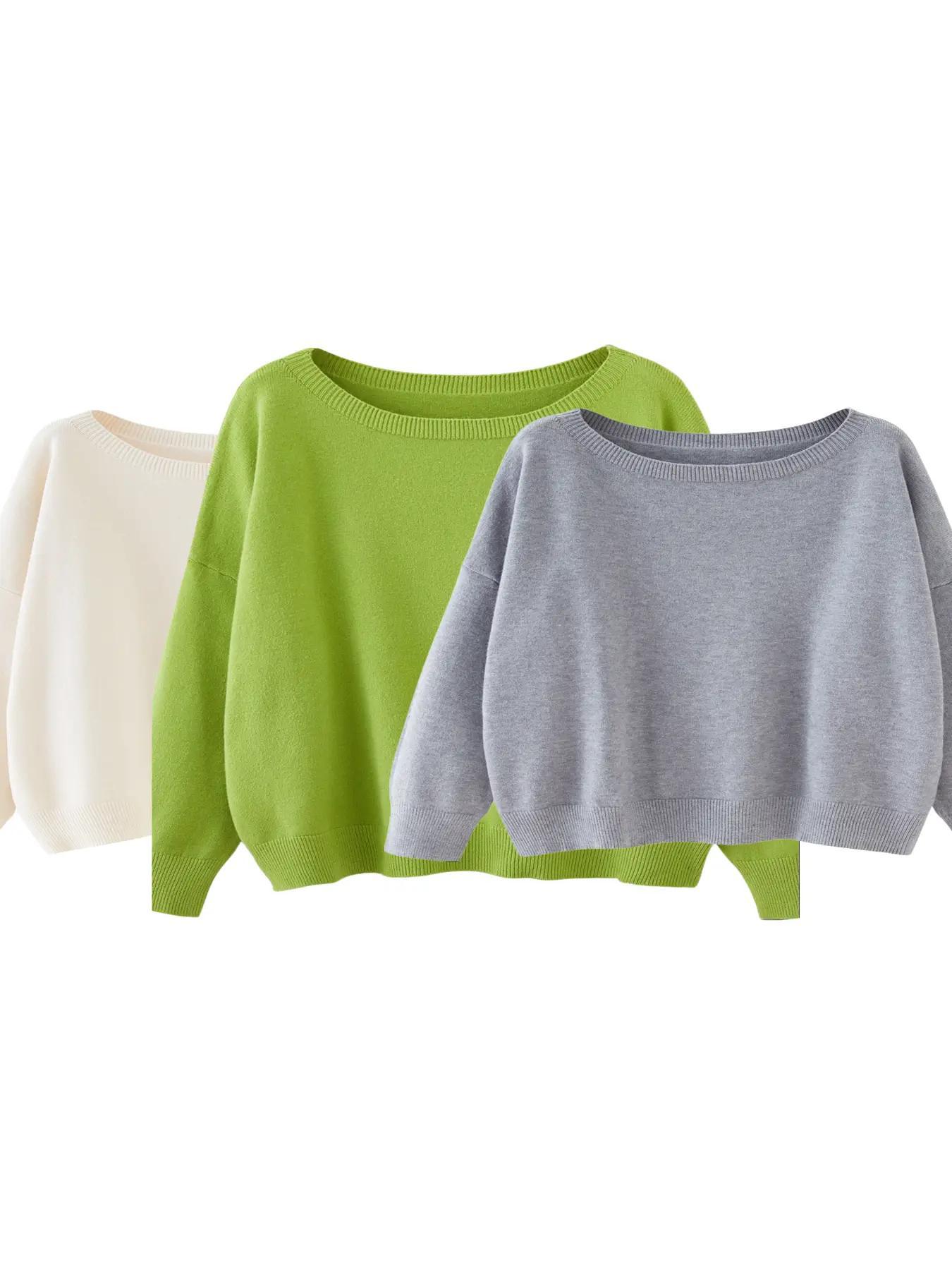 Women's Plain Scoop Neck Sweater Casual Long Sleeve Knit Top for Fall & Winter