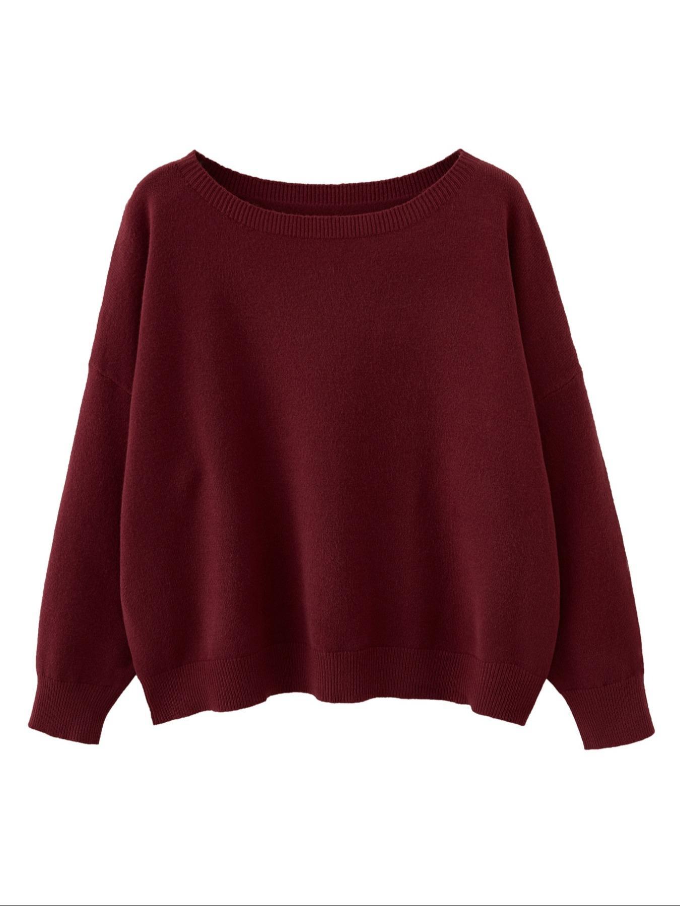 Women's Plain Scoop Neck Sweater Casual Long Sleeve Knit Top for Fall & Winter
