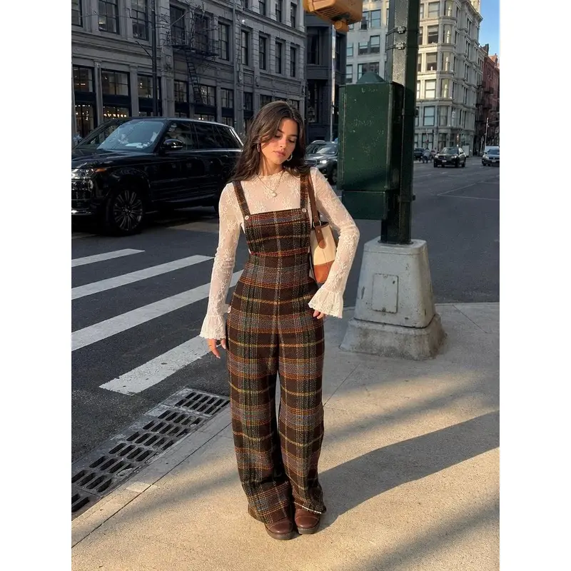 Women's Tweed Plaid Wide Leg Jumpsuit in 3 Colors