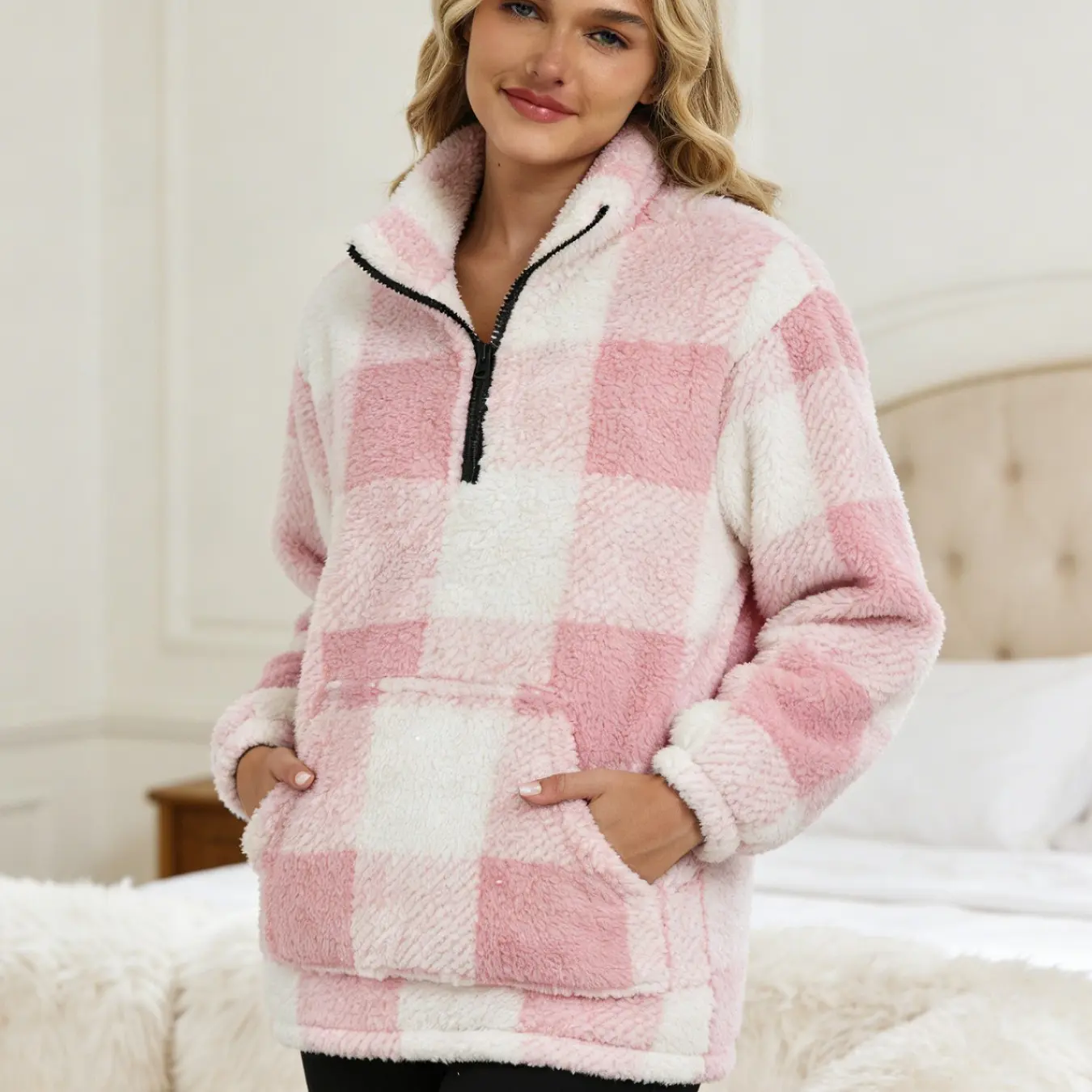 Women’s Autumn Winter Plaid Fleece Loose Top - Casual Warm Long Sleeve Sweatshirt