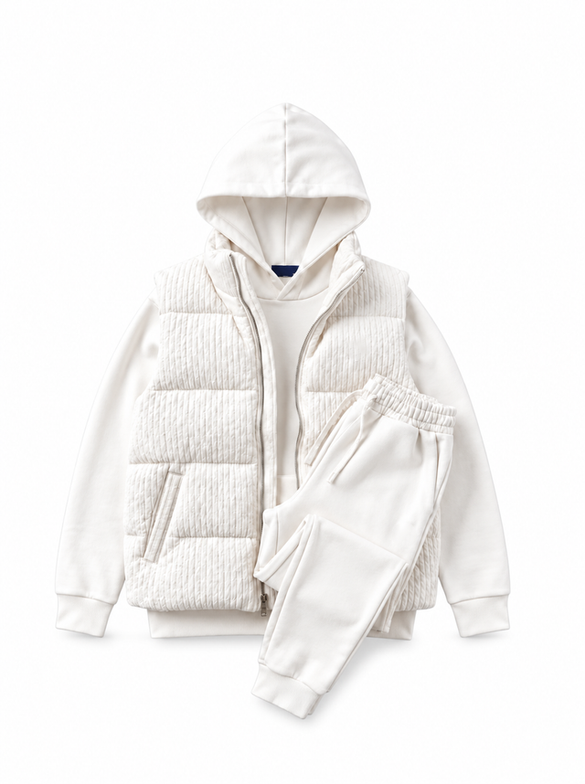 Men’s Heritage Cable-Knit Padded Vest 3-Piece Fleece Tracksuit Set
