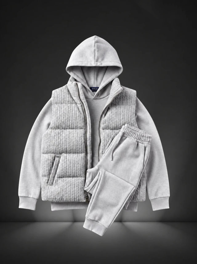 Icon Verona cream white 3-piece fleece set showing padded vest and joggers