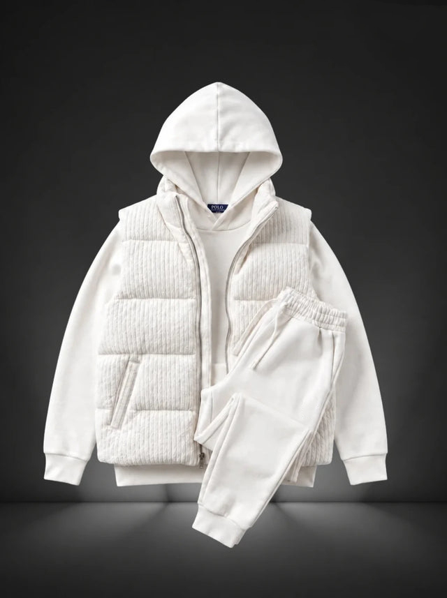 Icon Verona light grey 3-piece set with fleece hoodie, cable-knit padded vest and joggers