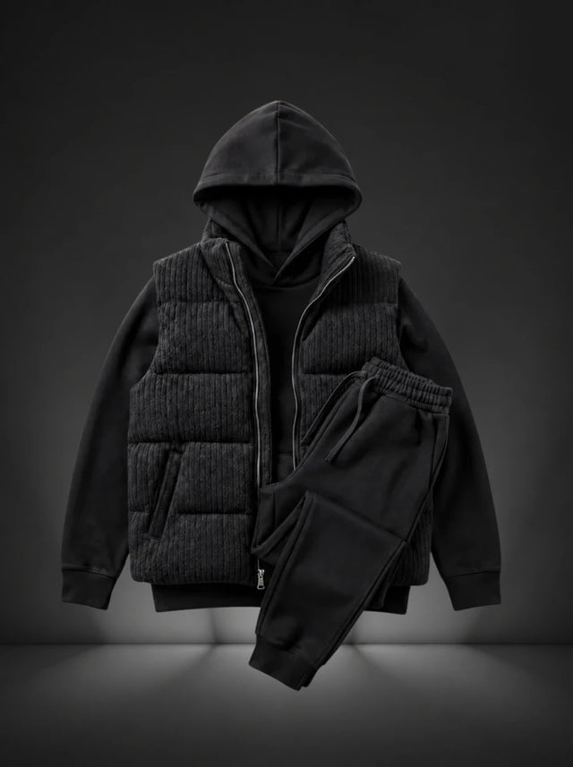 Icon Verona black 3-piece fleece set with cable-knit padded vest