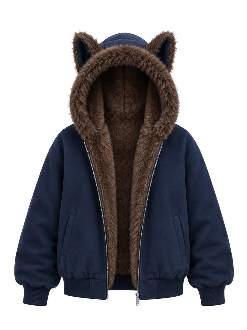 Faux Suede Cozy Jacket with Cat Ears