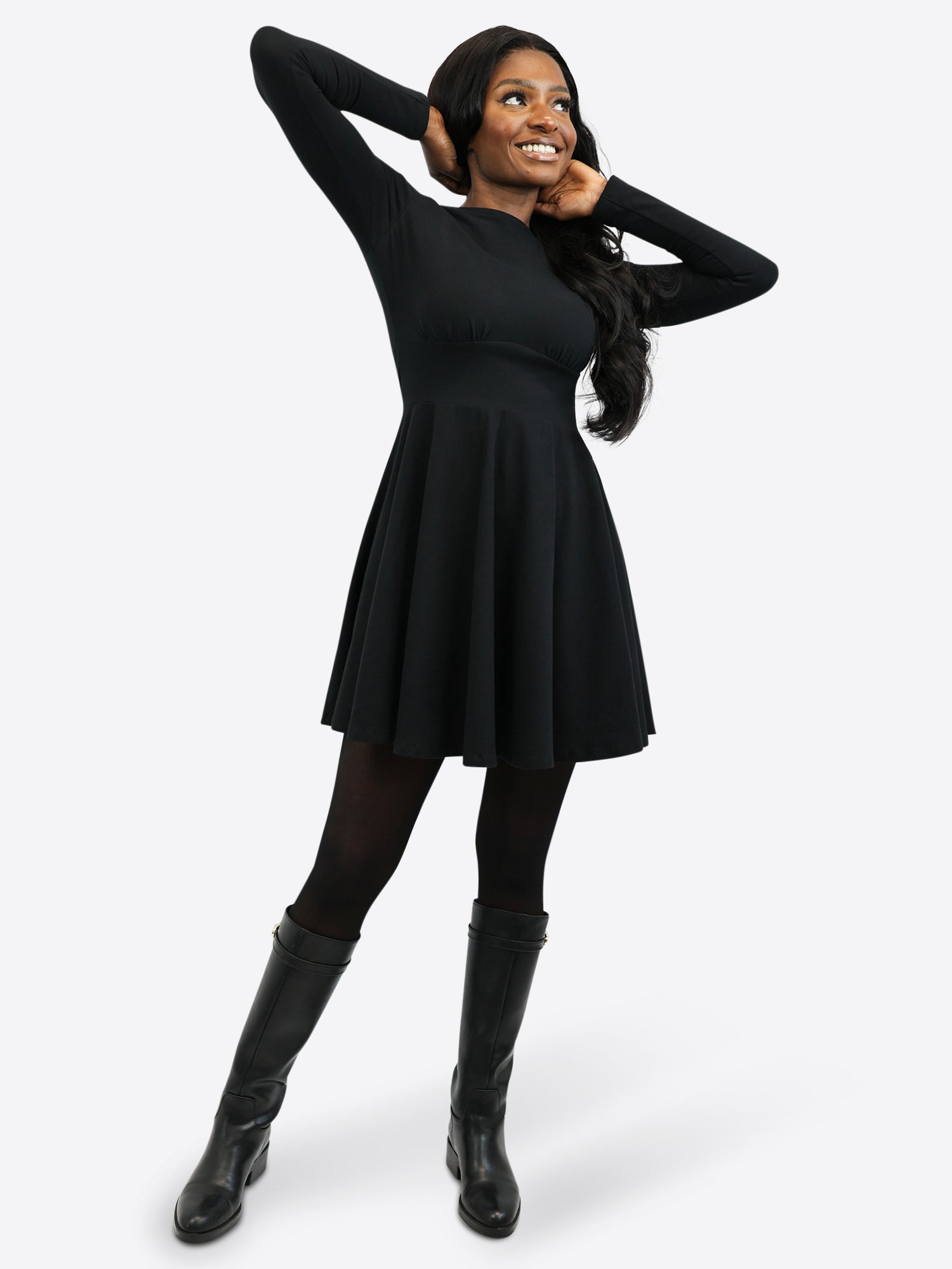 Classic Skirt Dress with Long Sleeves - Black