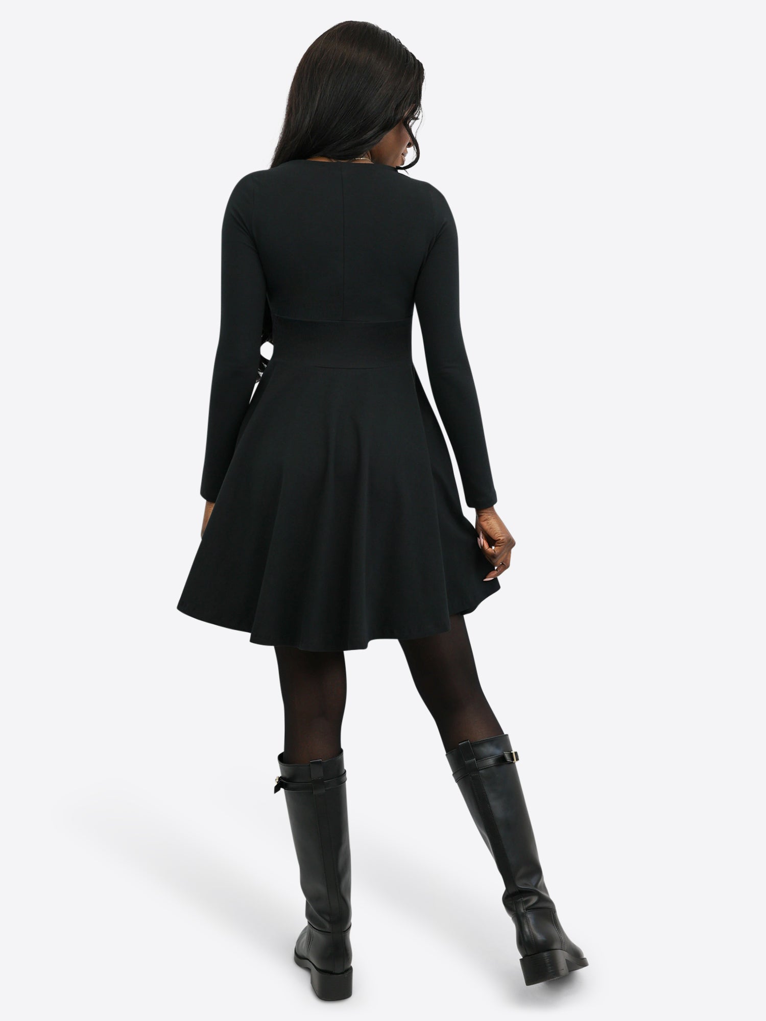 Classic Skirt Dress with Long Sleeves - Black