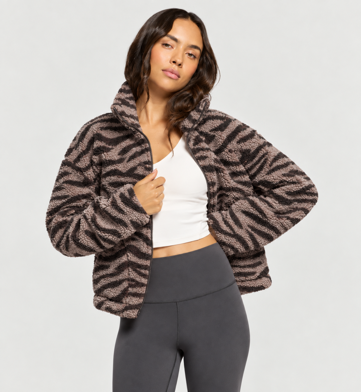 Industry Fleece High Collar Jacket in Mocha Bean
