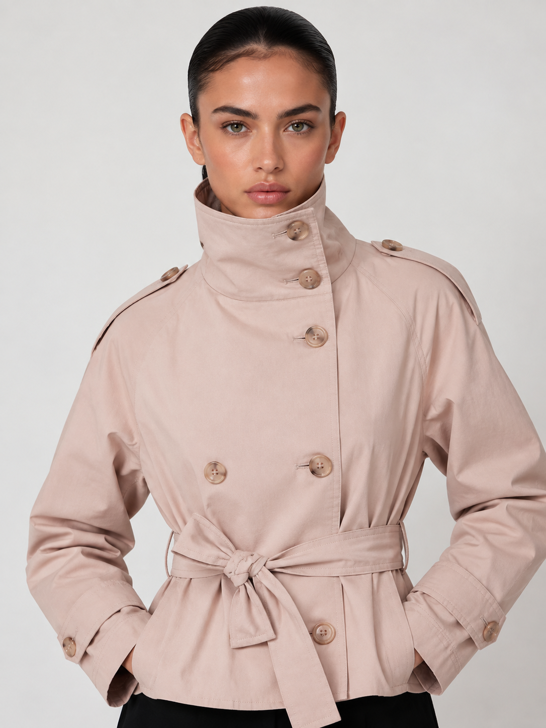 Cath Short Belted Trench Coat - Khaki