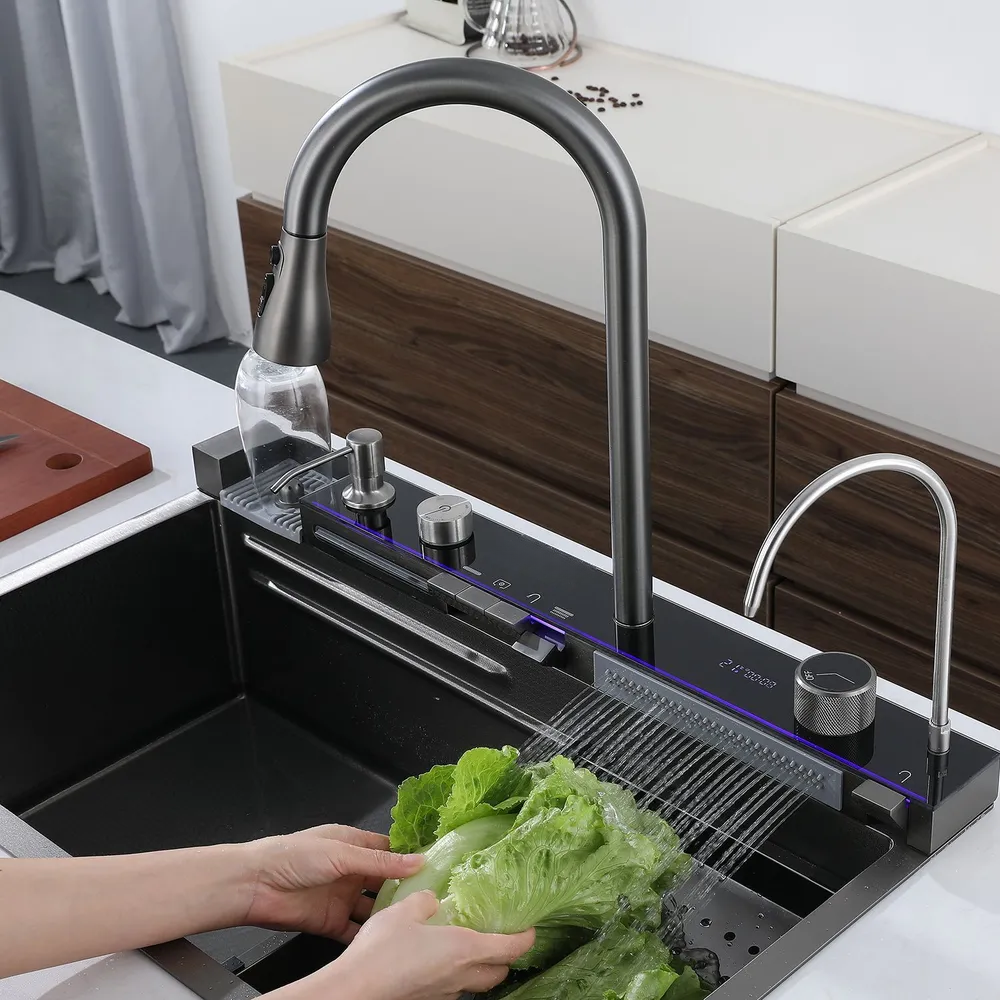 Admqx Elegant Waterfall Kitchen Sink Faucet with Digital Temperature Display & LED Lighting