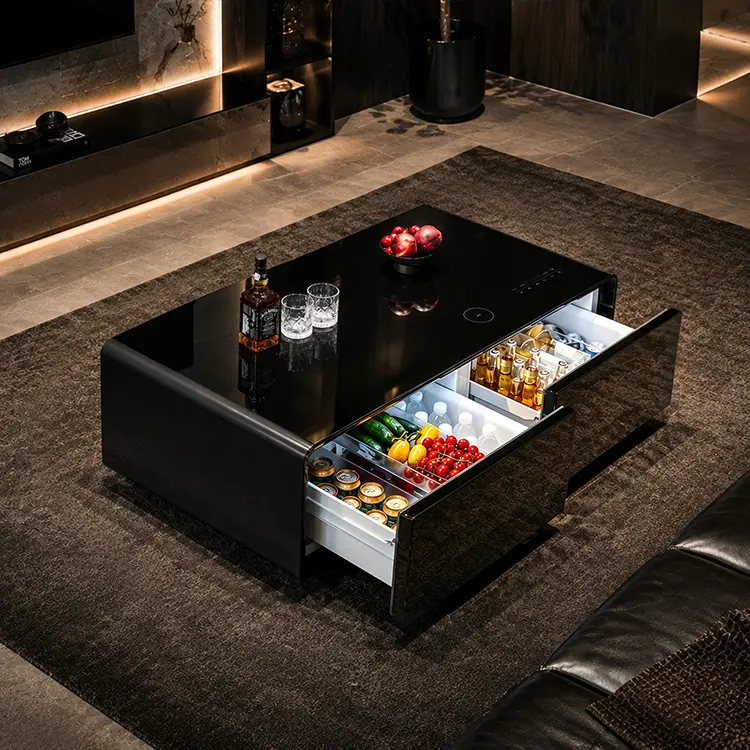 Smart Coffee Table: Equipped with dual refrigerated drawers, a wireless charging pad, and built-in Bluetooth speakers.