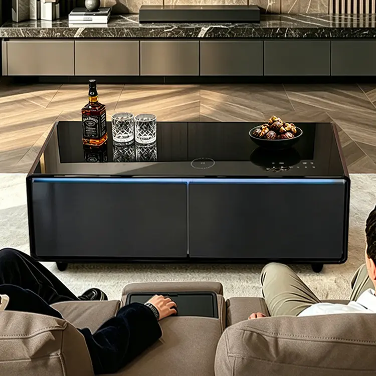 Smart Coffee Table: Equipped with dual refrigerated drawers, a wireless charging pad, and built-in Bluetooth speakers.