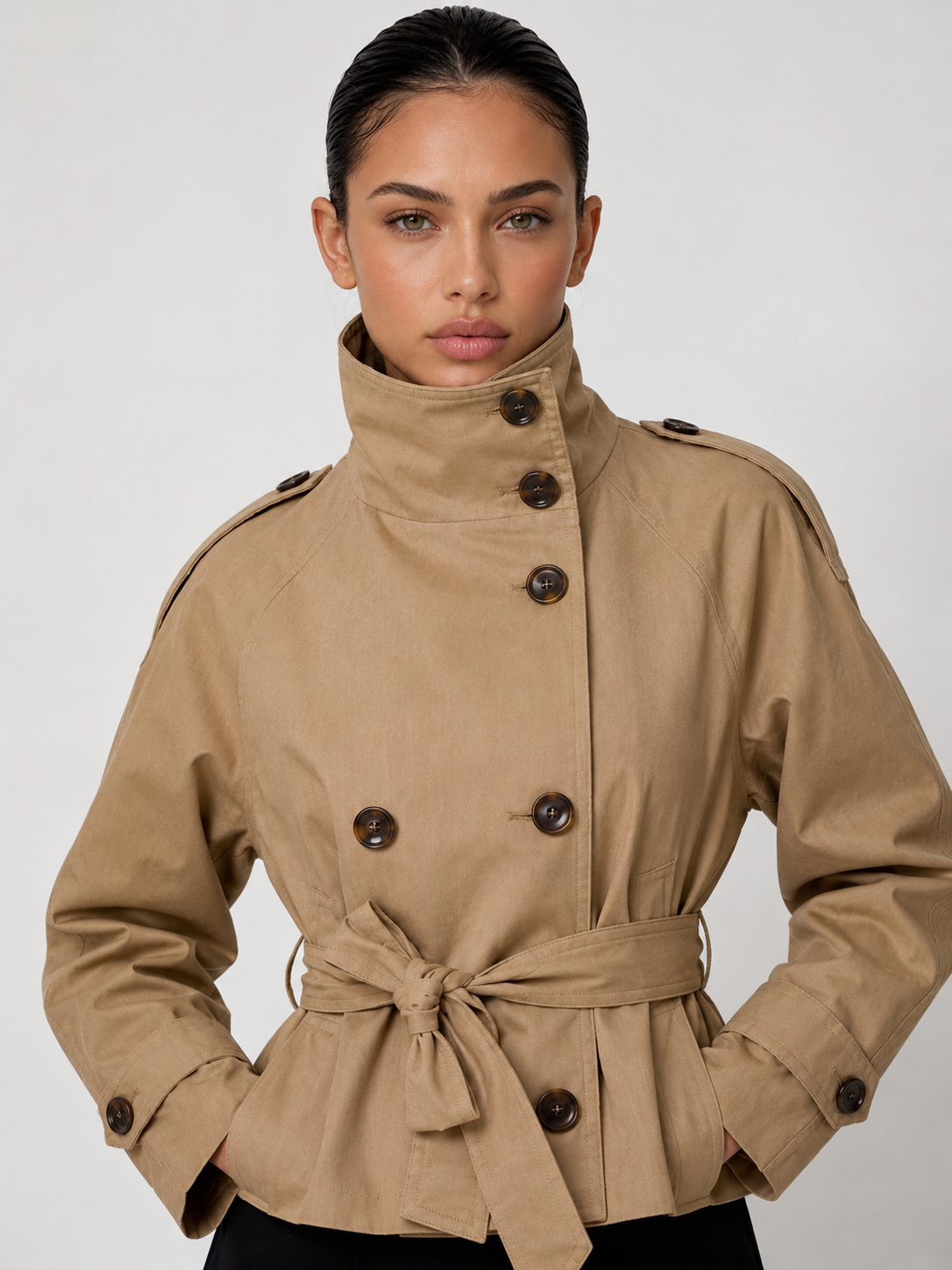 Cath Short Belted Trench Coat - Khaki