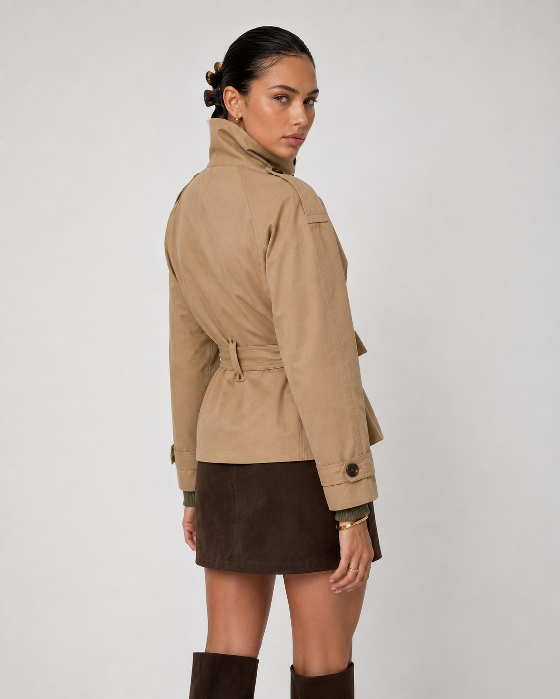 Cath Short Belted Trench Coat - Khaki