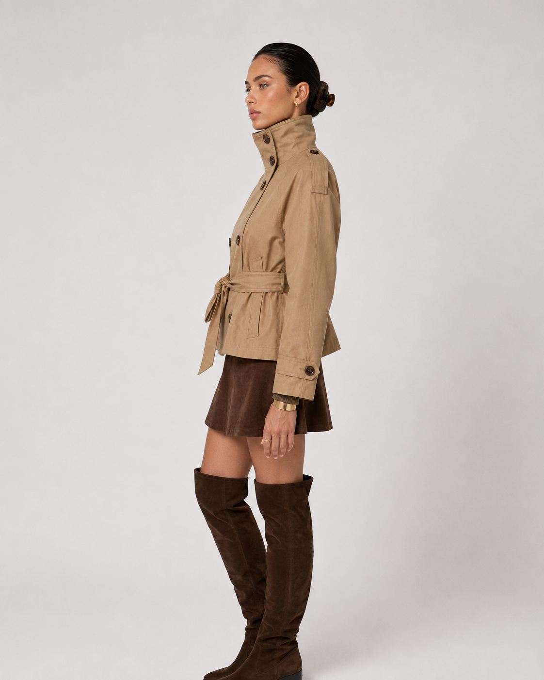 Cath Short Belted Trench Coat - Khaki