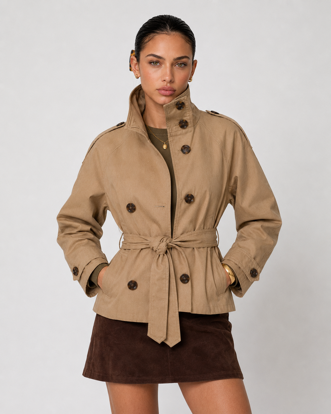 Cath Short Belted Trench Coat - Khaki