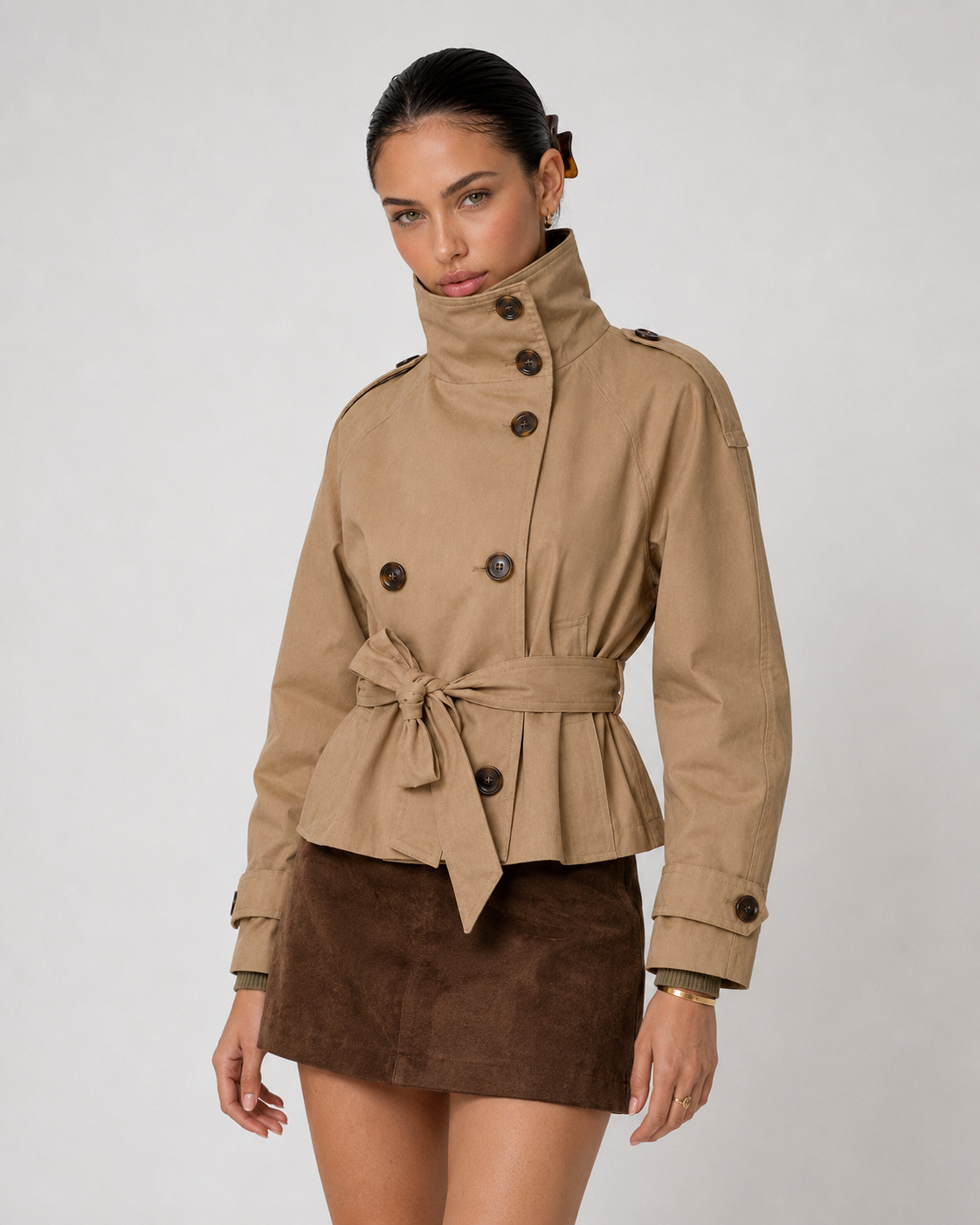Cath Short Belted Trench Coat - Khaki