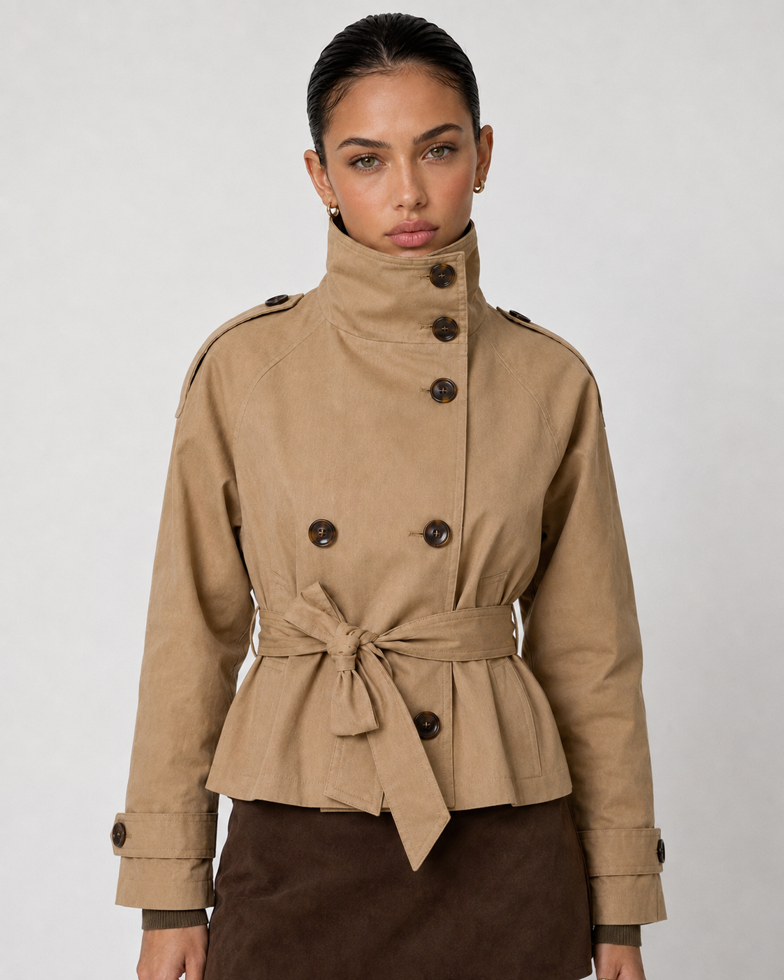 Cath Short Belted Trench Coat - Khaki