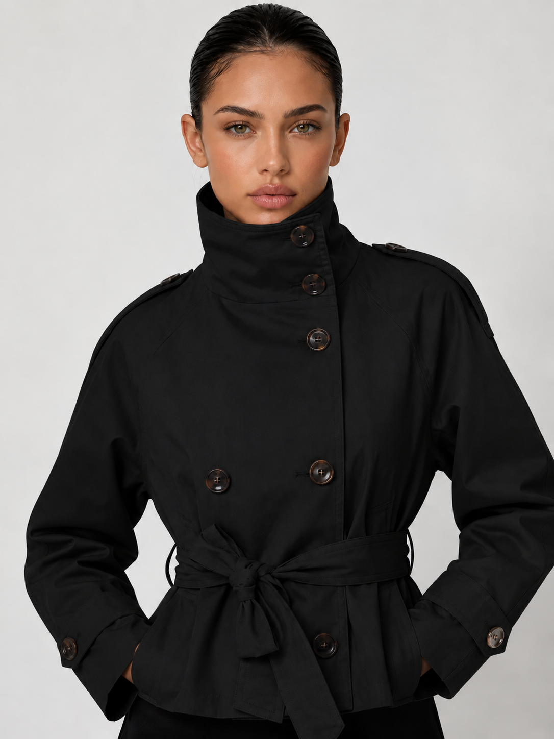 Cath Short Belted Trench Coat - Khaki