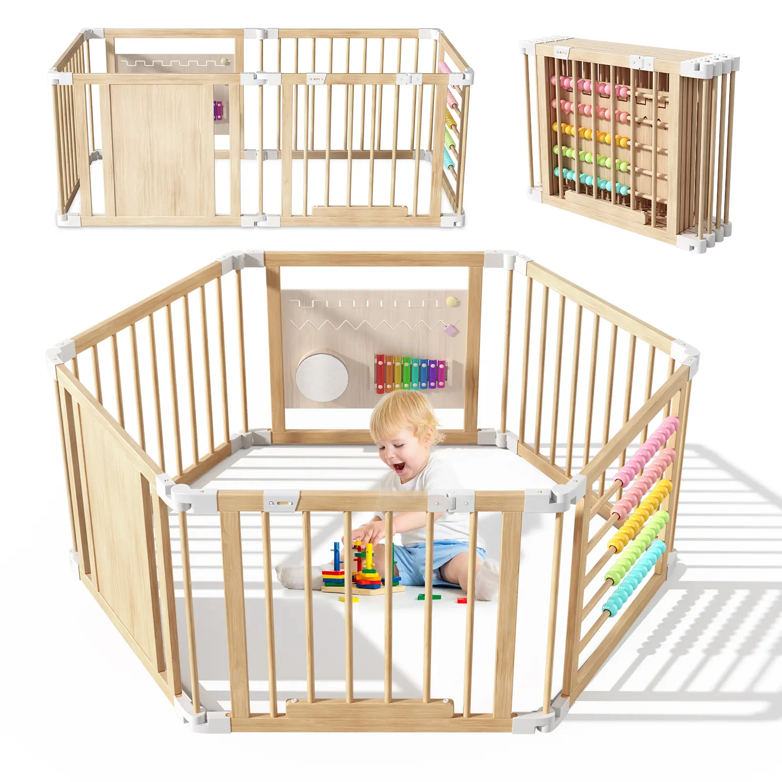 ADMQX Natural Wooden Baby Playpen