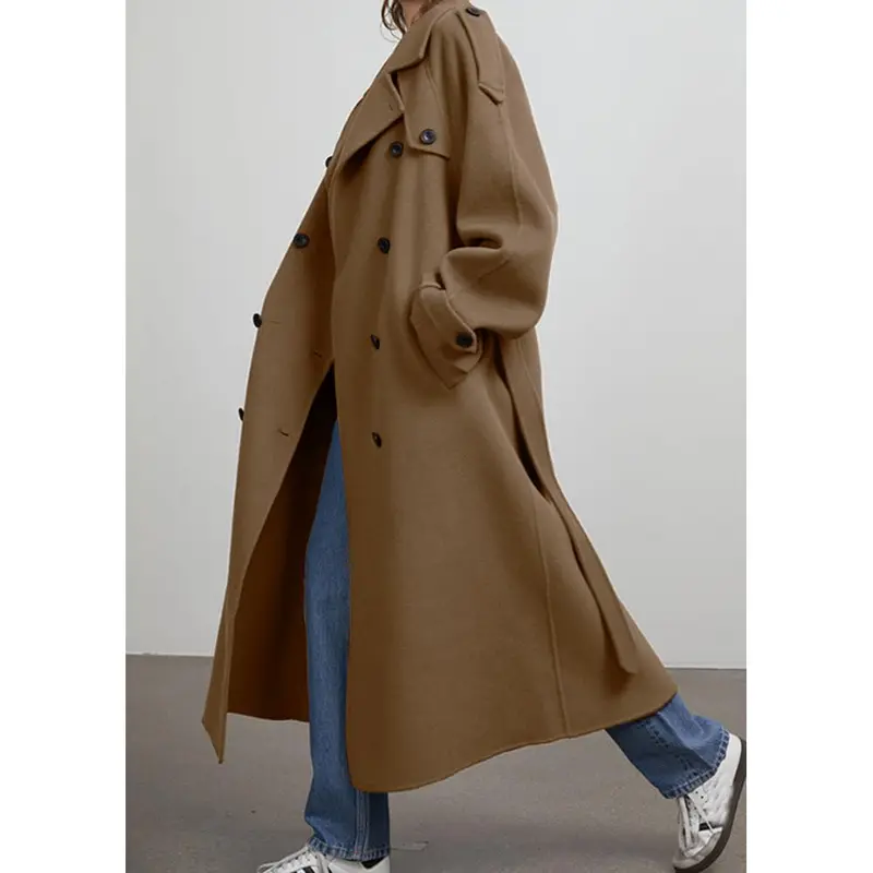 Women's Long Wool Blend Double Breasted Overcoat with Notched Lapel and Belt Closure
