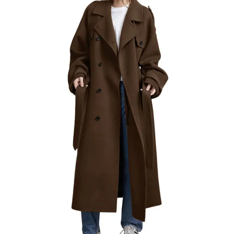 Women's Long Wool Blend Double Breasted Overcoat with Notched Lapel and Belt Closure
