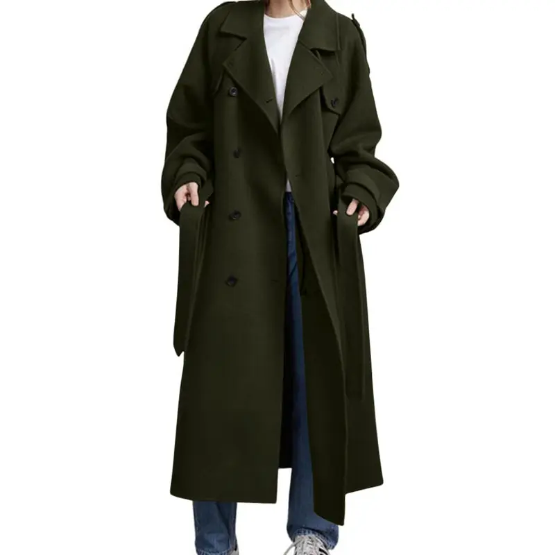 Women's Long Wool Blend Double Breasted Overcoat with Notched Lapel and Belt Closure