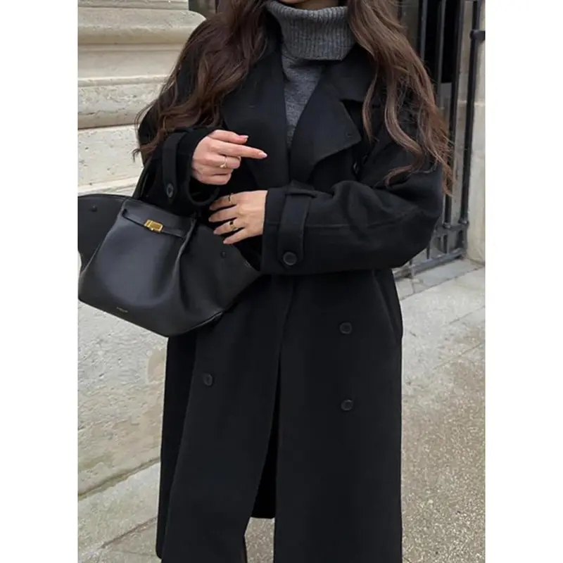 Women's Long Wool Blend Double Breasted Overcoat with Notched Lapel and Belt Closure