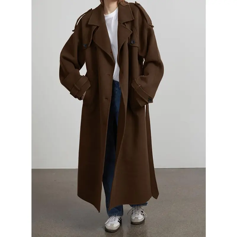 Women's Long Wool Blend Double Breasted Overcoat with Notched Lapel and Belt Closure