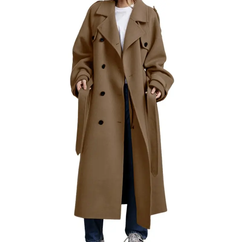 Women's Long Wool Blend Double Breasted Overcoat with Notched Lapel and Belt Closure