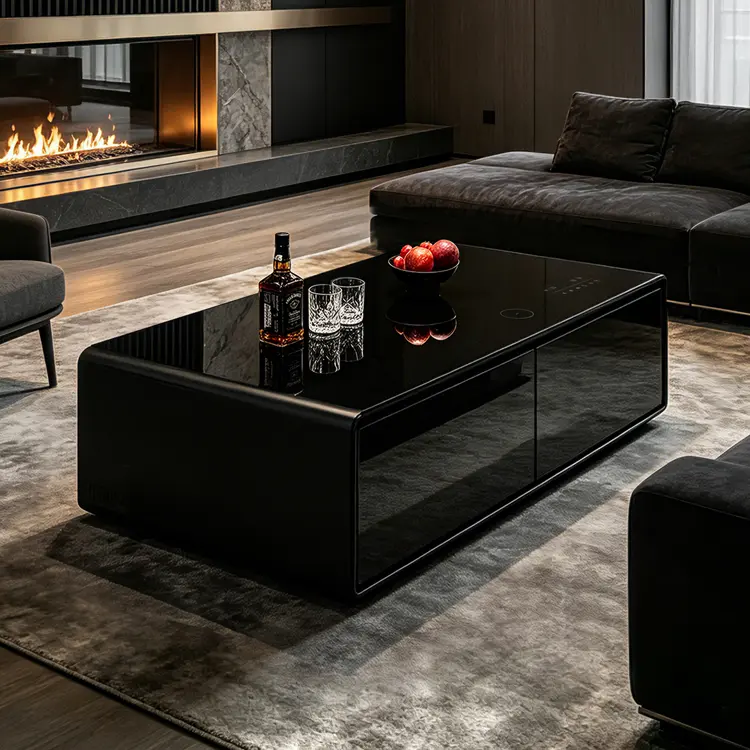 Smart Coffee Table: Equipped with dual refrigerated drawers, a wireless charging pad, and built-in Bluetooth speakers.