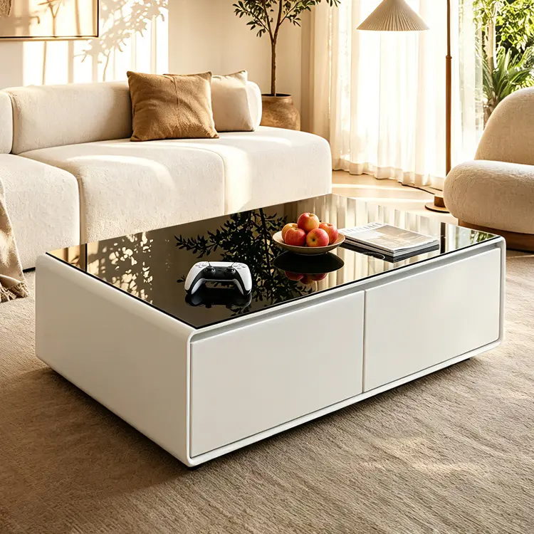 Smart Coffee Table: Equipped with dual refrigerated drawers, a wireless charging pad, and built-in Bluetooth speakers.