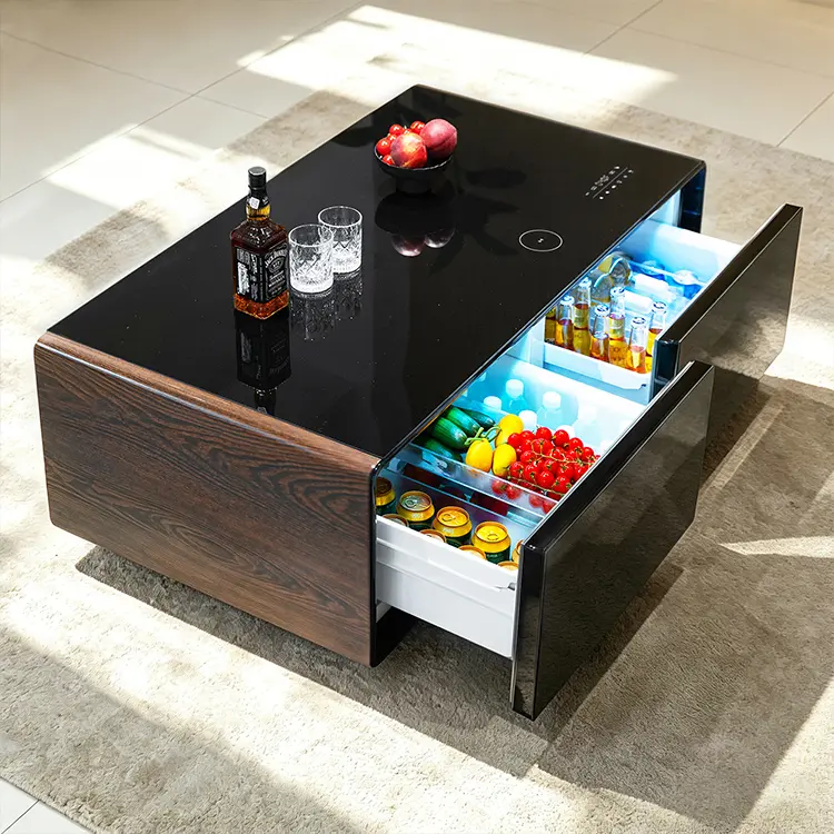 Smart Coffee Table: Equipped with dual refrigerated drawers, a wireless charging pad, and built-in Bluetooth speakers.
