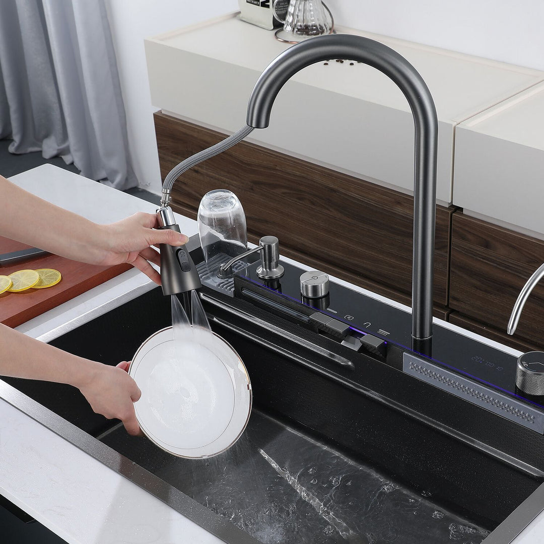 Admqx Elegant Waterfall Kitchen Sink Faucet with Digital Temperature Display & LED Lighting